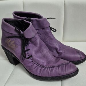 Rieker Purple Leather Ankle Booties with Lace Detail